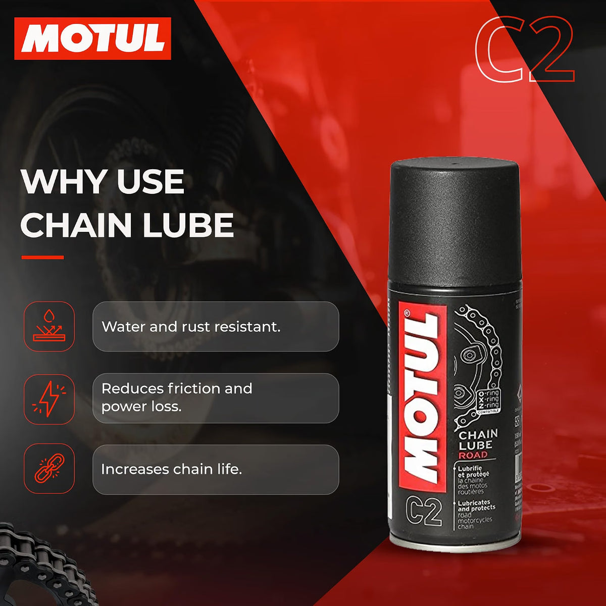 Motul Chain Care Kit for Bikes - C1 Chain Cleaner 150ml + C2 Chain Lube 150ml with Chain Cleaning Brush & Microfiber Cloth