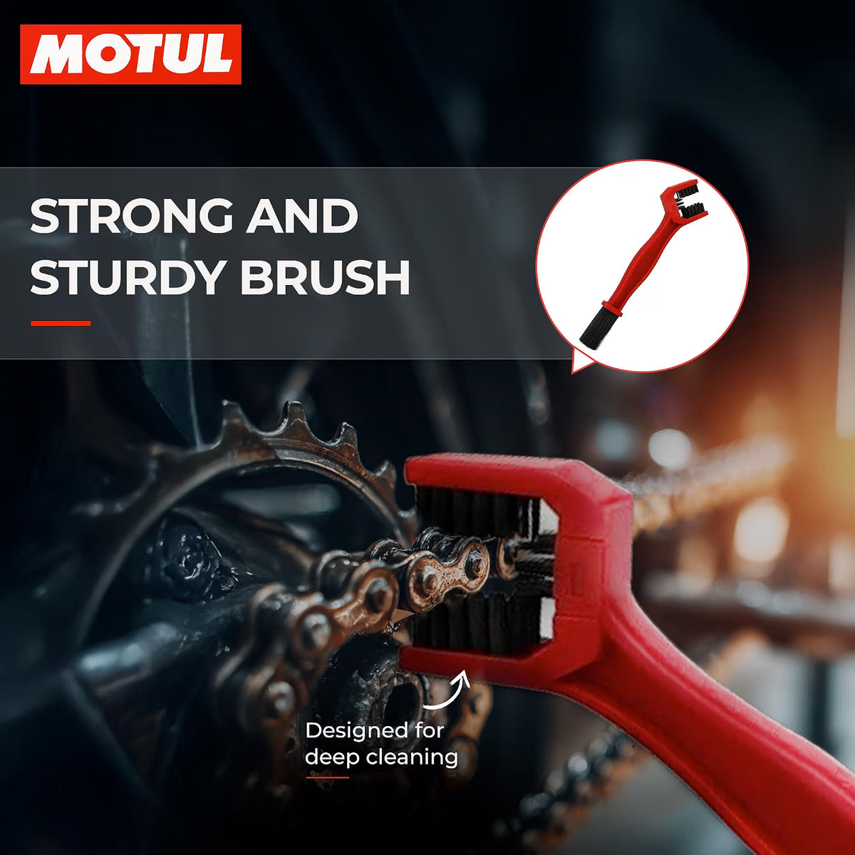 Red brush cleaning a bike chain with Motul branding and text about strength and durability.