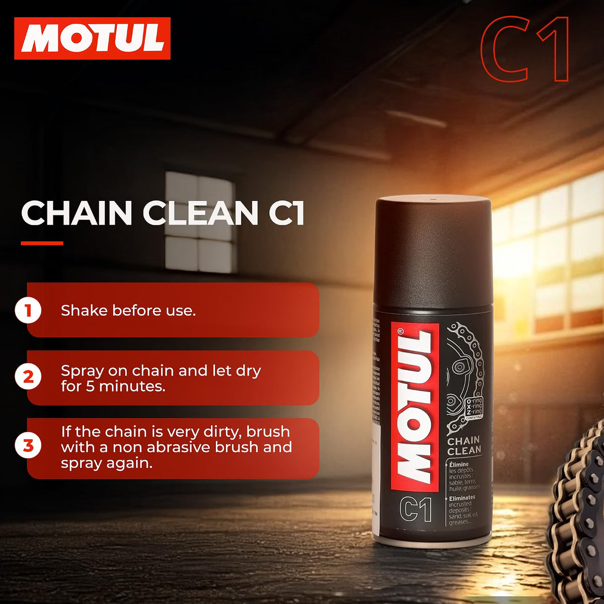 Motul Chain Clean C1 spray can with usage instructions.