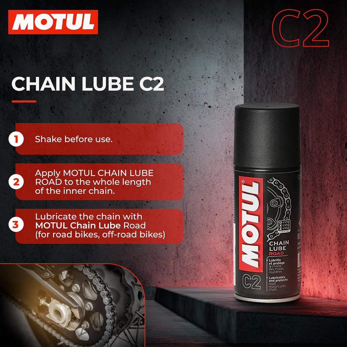 Motul Chain Lube C2 product with usage instructions.