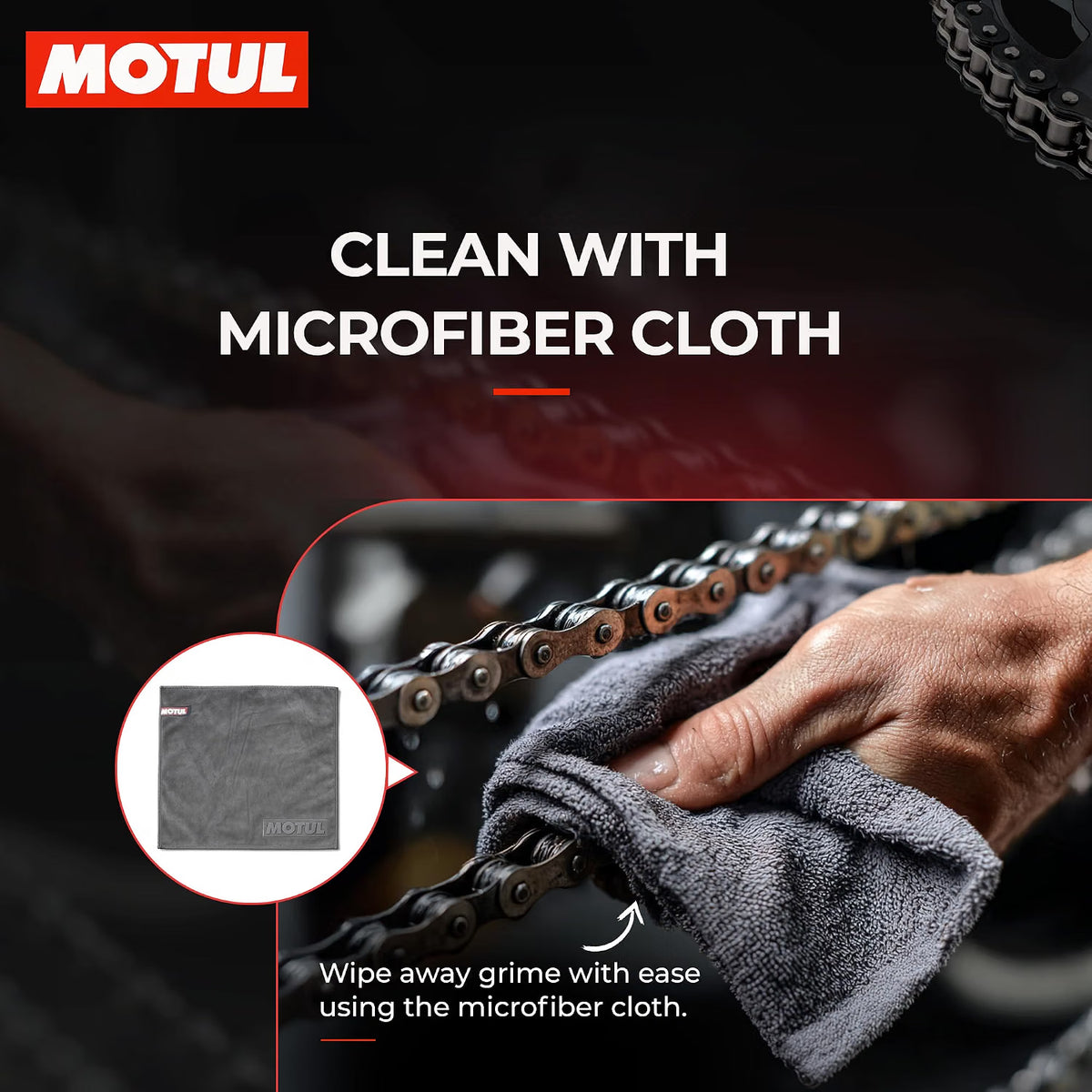 Motul microfiber cloth shown being used to wipe a motorcycle chain, with text reading 'CLEAN WITH MICROFIBER CLOTH' and a circular inset showing the cloth close-up.