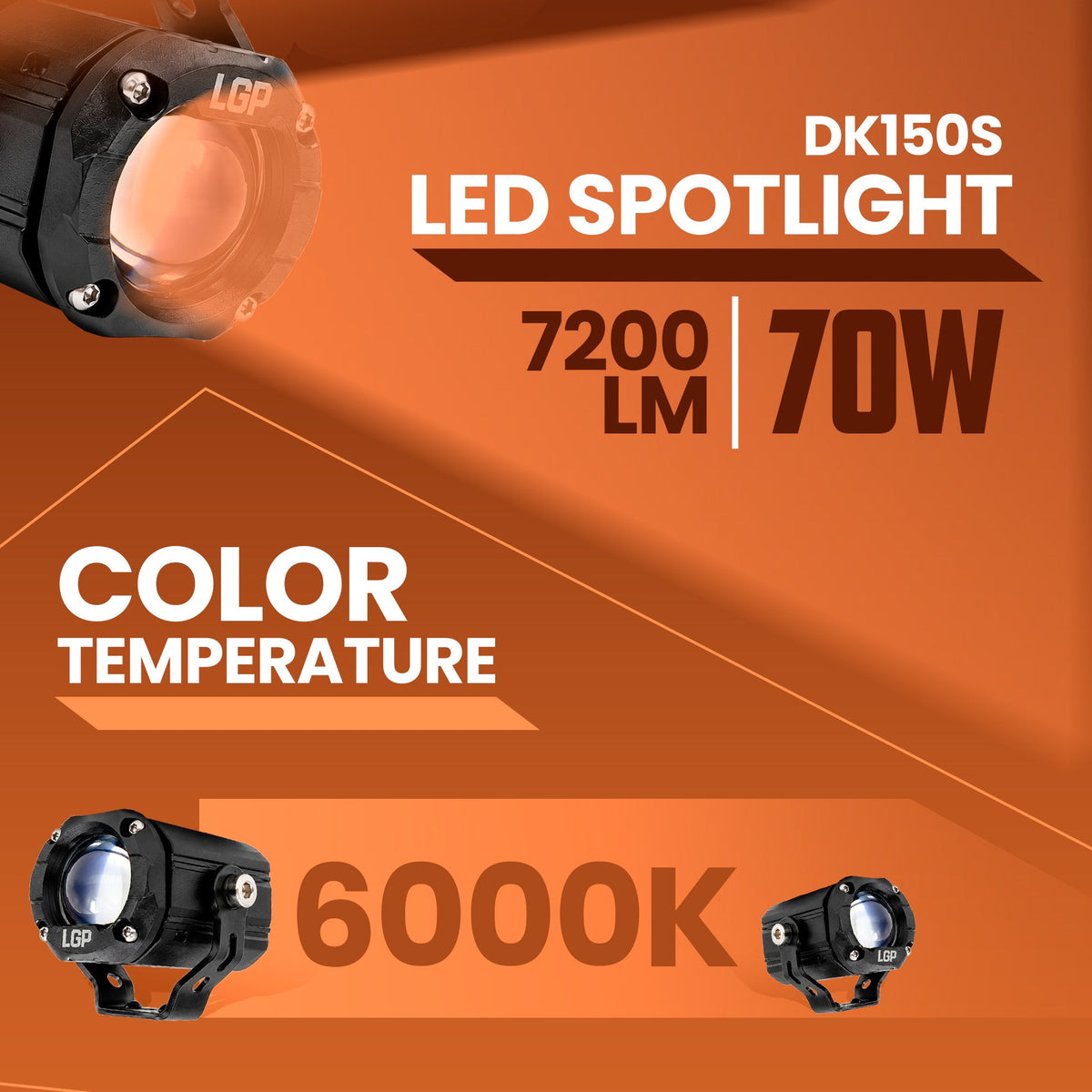 LGP DK150S 70W LED Spotlight for Motorcycles - 7200 Lumens Auxiliary Driving Light, IP68 Waterproof