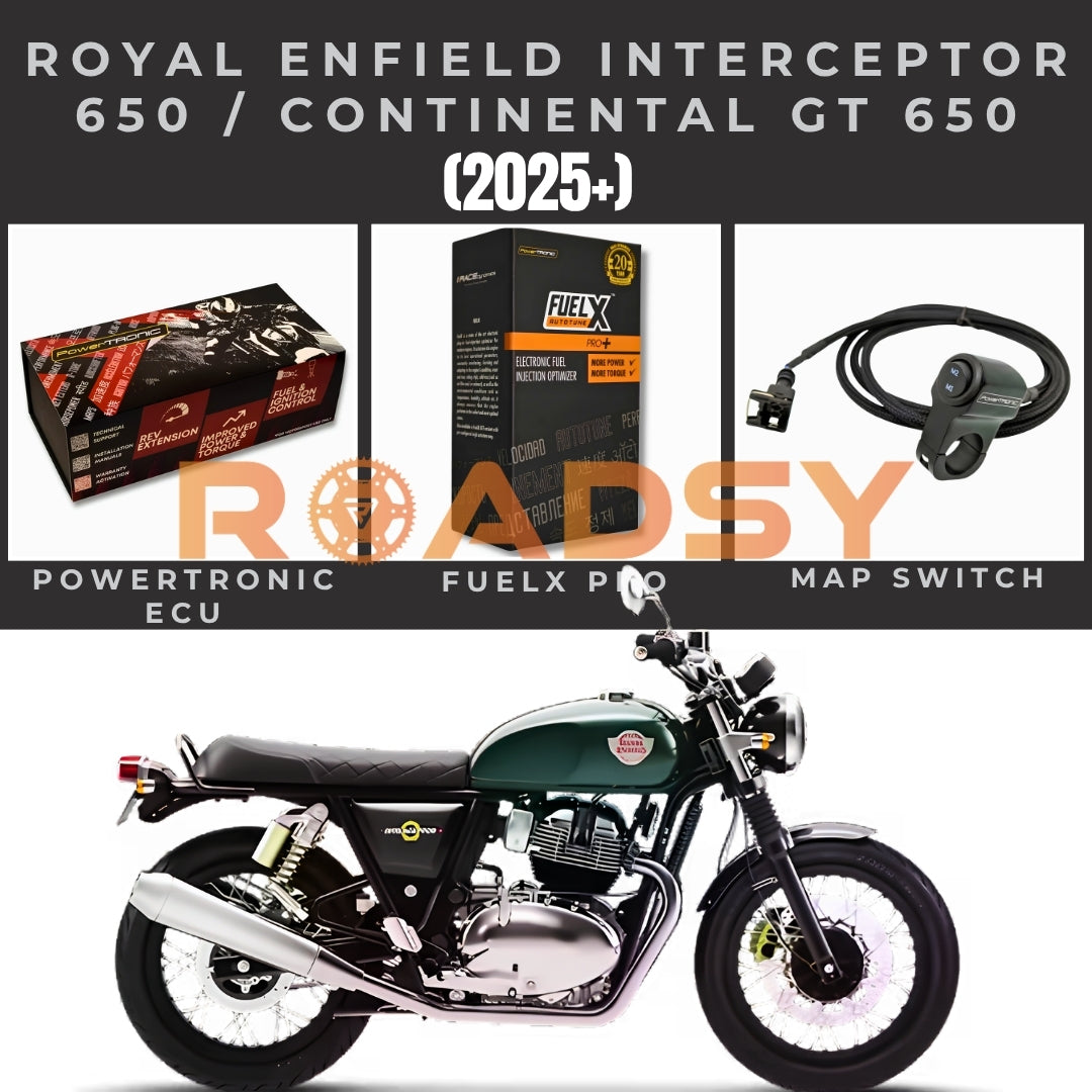 PowerTRONIC ECU + FuelX Pro+ Autotune + Map Switch Performance Combo for Royal Enfield Interceptor 650 / Continental GT 650 (2025+)| Plug & Play ECU + Fuel Injection Optimizer | Up to 25% More Power & Torque (PACK OF 3)