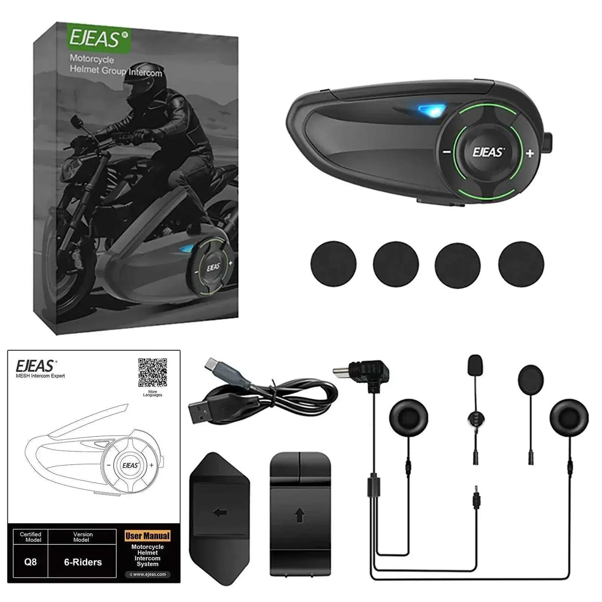 EJEAS Q8 5G Mesh Helmet Intercom - 6 Riders, IP67, 17 hr