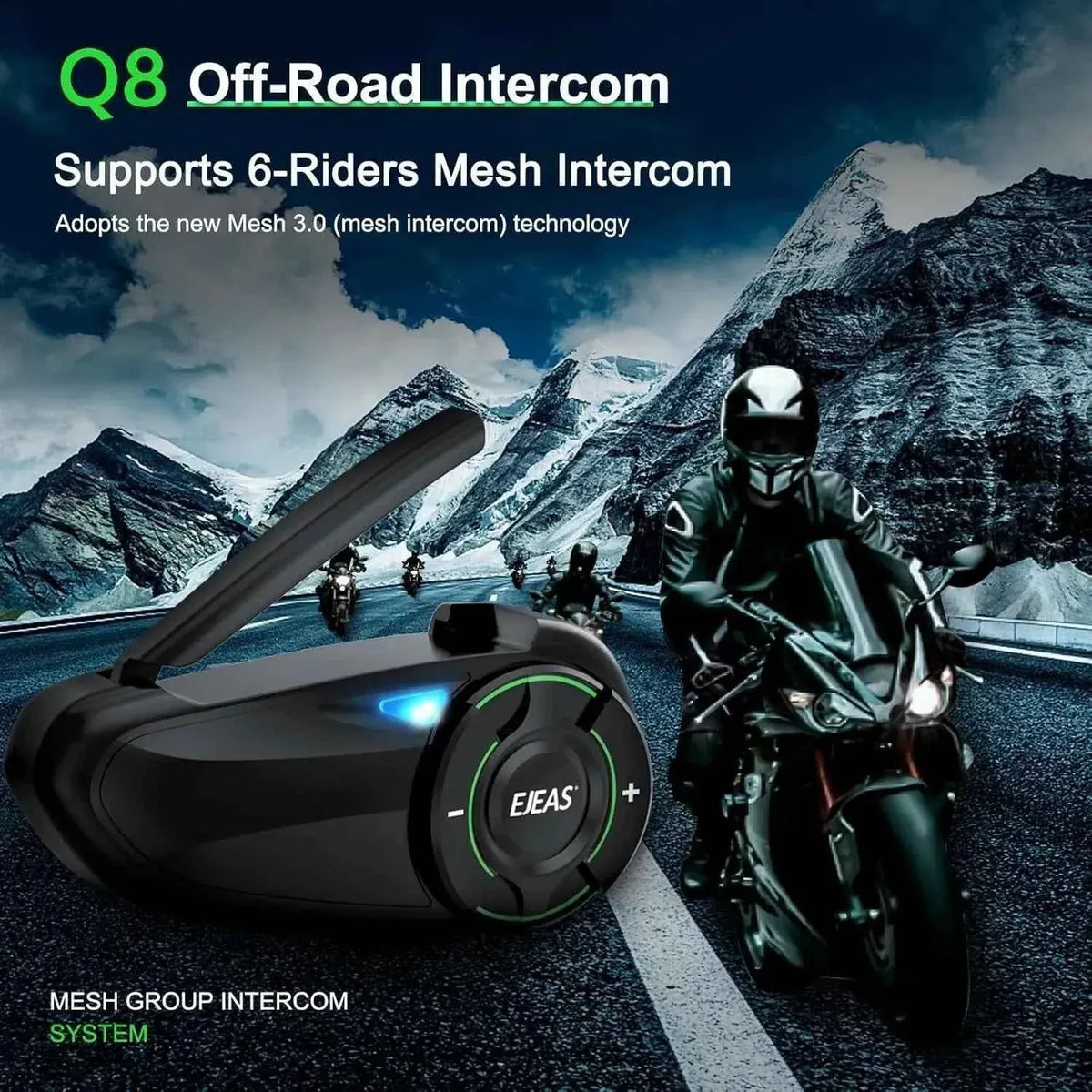 EJEAS Q8 5G Mesh Helmet Intercom - 6 Riders, IP67, 17 hr