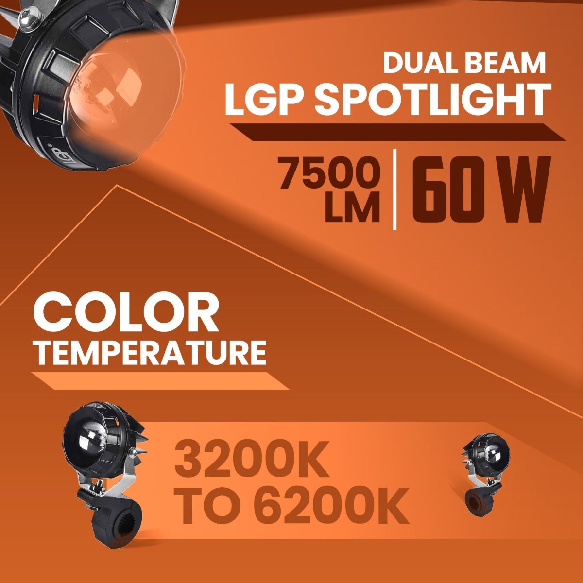 LGP DK330 Dual Beam LED Spotlight for Bike (Pair) | 60W 7500LM Yellow & White | Waterproof, Universal Motorcycle Fit - LGP India