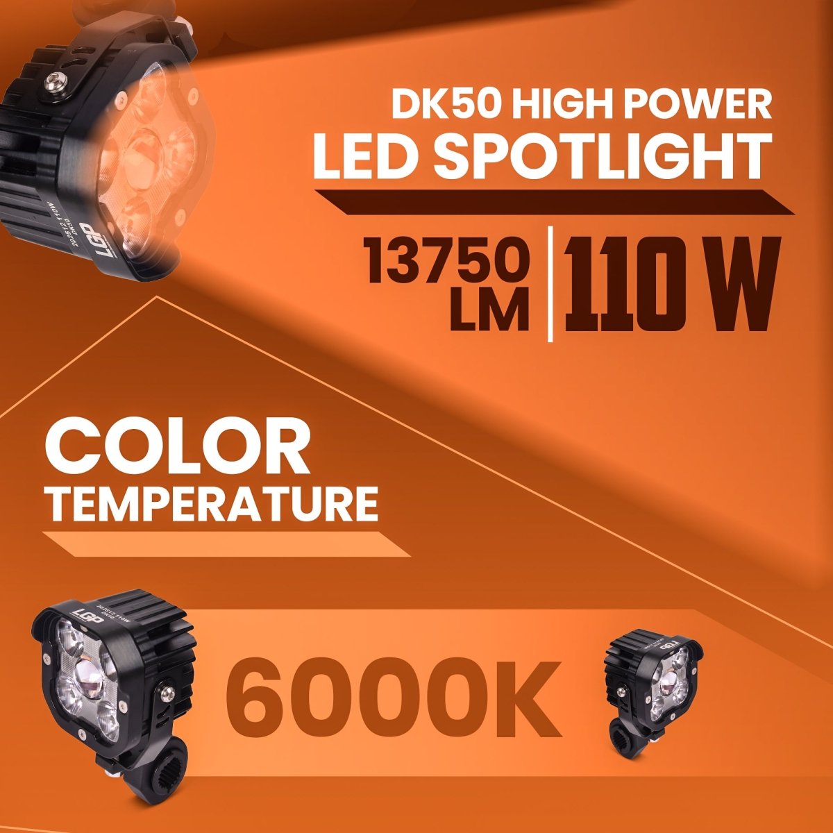 LGP DK50 High Power LED Spotlight for Bike (Pair) | 110W 13750LM | IP67 Waterproof Auxiliary Fog Light, Universal Motorcycle Fit - LGP India