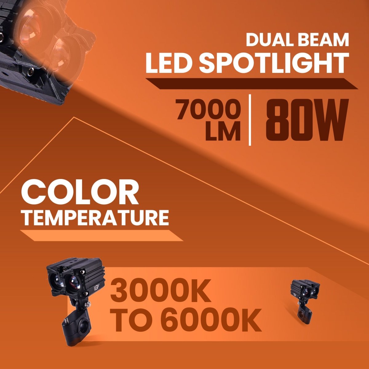 LGP MK05 Dual Beam LED Spotlight for Bike (Pair) | 80W 7000LM Yellow & White | IP67 Waterproof, Universal Motorcycle Fit - LGP India