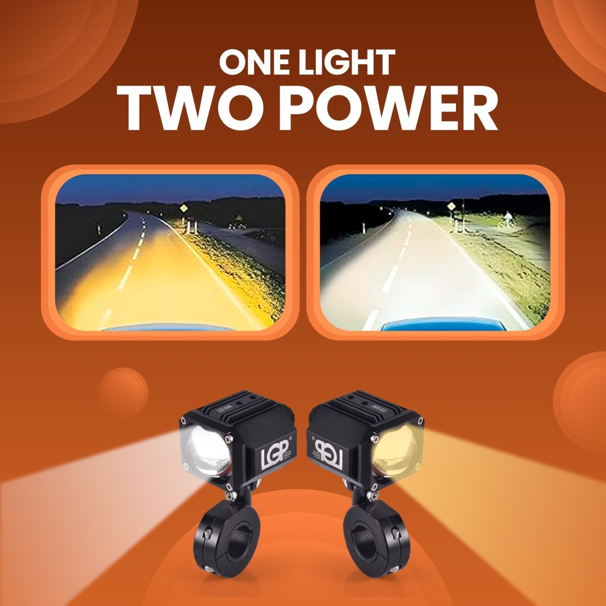 LGP MK07 Dual Beam LED Spotlight for Bike (Pair) | 60W 7000LM Yellow & White | IP67 Waterproof, Universal Motorcycle Fit - LGP India