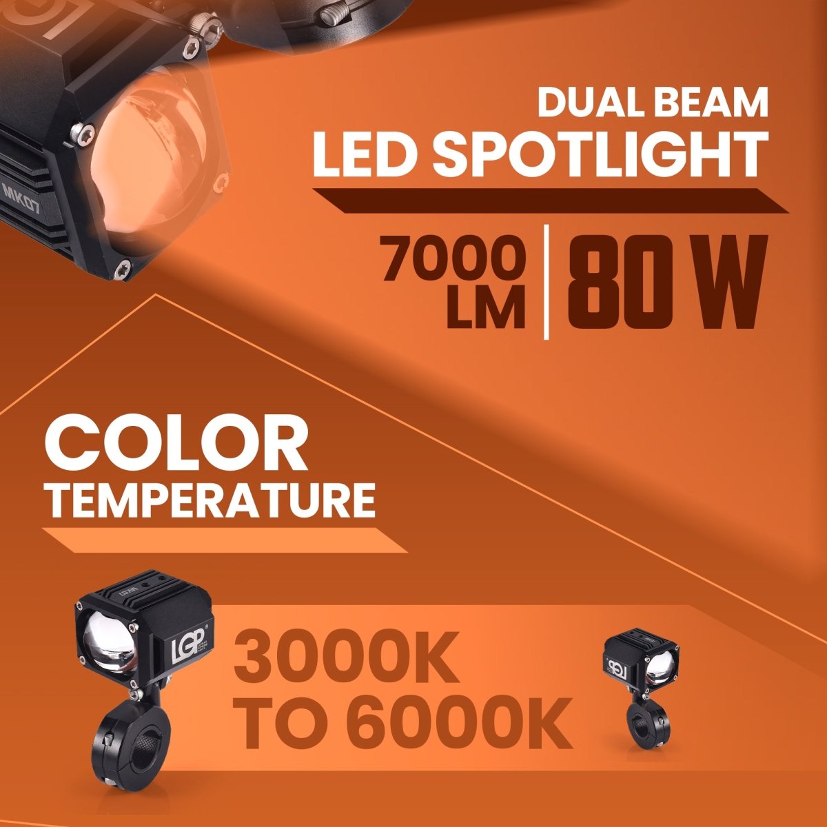 LGP MK07 Dual Beam LED Spotlight for Bike (Pair) | 60W 7000LM Yellow & White | IP67 Waterproof, Universal Motorcycle Fit - LGP India