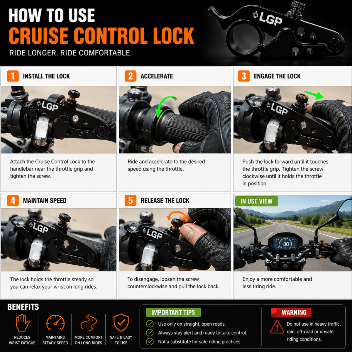 LGP Universal Motorcycle Cruise Control Lock – Throttle Assist for All Bikes - LGP India