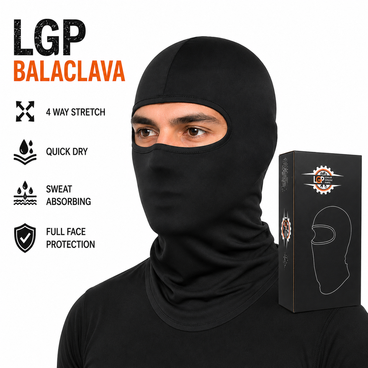 LGP Balaclava Face Mask 4 Way Stretch Quick Dry Sweat Absorbing Helmet Liner, Full Face Cover Protection for Men and Women Black