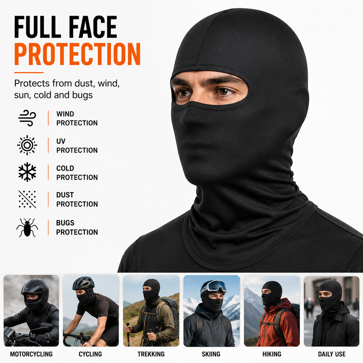 LGP Balaclava Face Mask 4 Way Stretch Quick Dry Sweat Absorbing Helmet Liner, Full Face Cover Protection for Men and Women Black