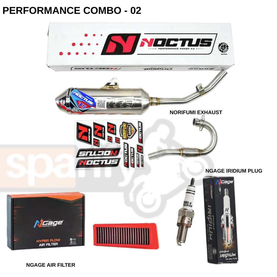 XPULSE 200 Performance Combo Kit - 02 | Norifumi Noctus T5 Exhaust with Removable DB Killer & Bend Pipe + NGAGE Performance Air Filter + NGAGE Double Iridium Spark Plug | Full Performance Upgrade Combo